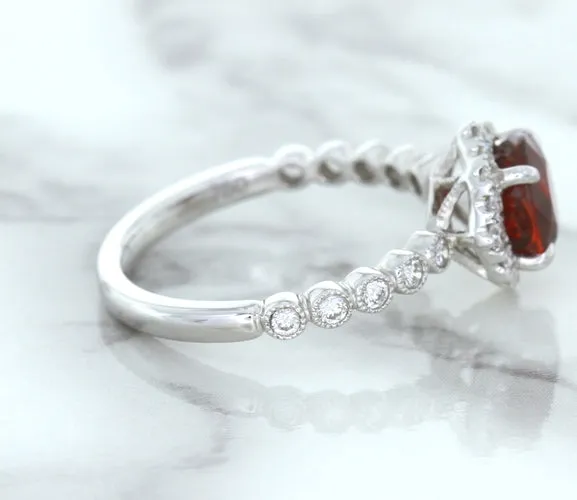 1.75ct Unheated GIA Certified Round Ruby Ring with Diamond Halo in 18K White Gold