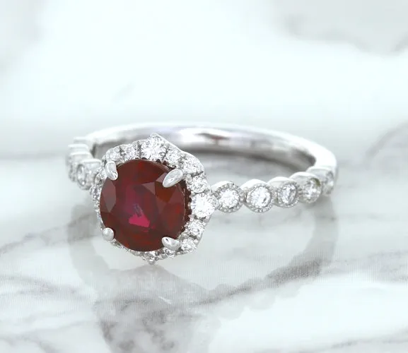 1.75ct Unheated GIA Certified Round Ruby Ring with Diamond Halo in 18K White Gold