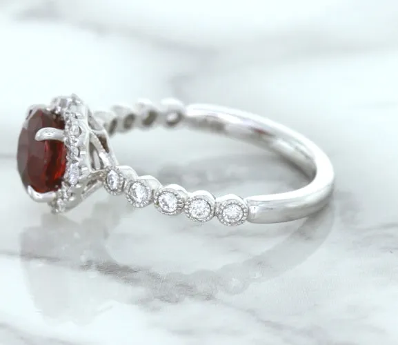 1.75ct Unheated GIA Certified Round Ruby Ring with Diamond Halo in 18K White Gold