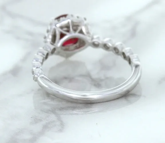 1.75ct Unheated GIA Certified Round Ruby Ring with Diamond Halo in 18K White Gold