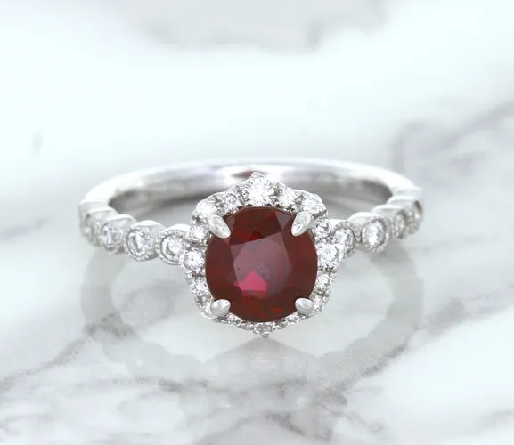 1.75ct Unheated GIA Certified Round Ruby Ring with Diamond Halo in 18K White Gold