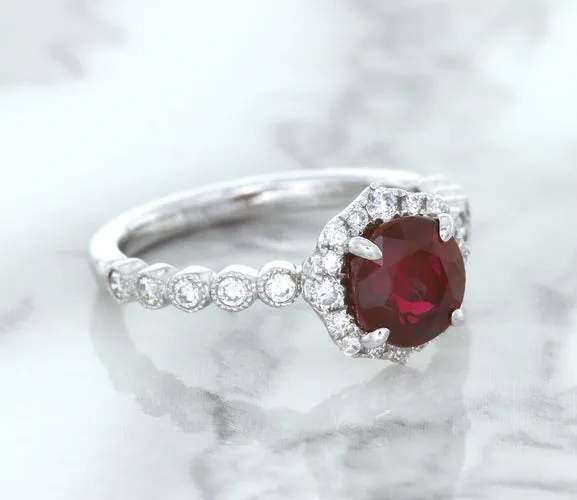 1.75ct Unheated GIA Certified Round Ruby Ring with Diamond Halo in 18K White Gold