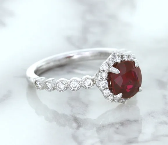 1.75ct Unheated GIA Certified Round Ruby Ring with Diamond Halo in 18K White Gold