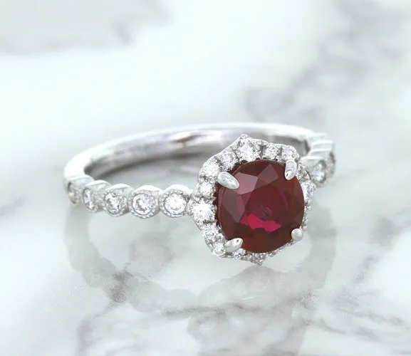 1.75ct Unheated GIA Certified Round Ruby Ring with Diamond Halo in 18K White Gold