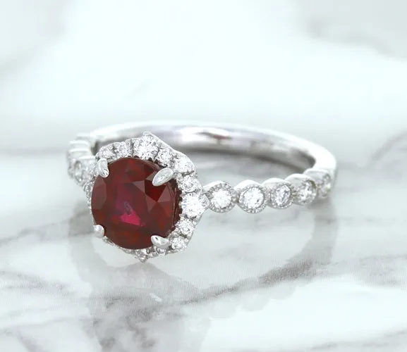 1.75ct Unheated GIA Certified Round Ruby Ring with Diamond Halo in 18K White Gold