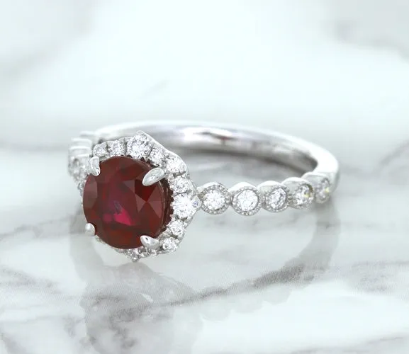 1.75ct Unheated GIA Certified Round Ruby Ring with Diamond Halo in 18K White Gold