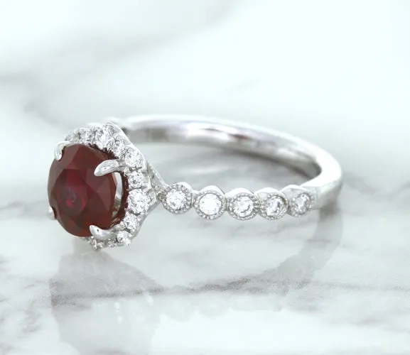 1.75ct Unheated GIA Certified Round Ruby Ring with Diamond Halo in 18K White Gold