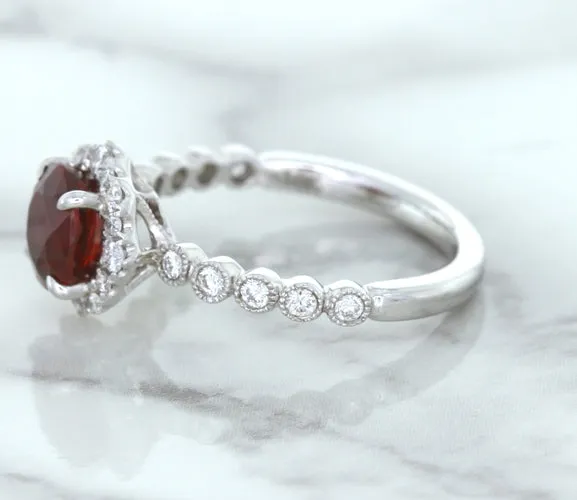 1.75ct Unheated GIA Certified Round Ruby Ring with Diamond Halo in 18K White Gold