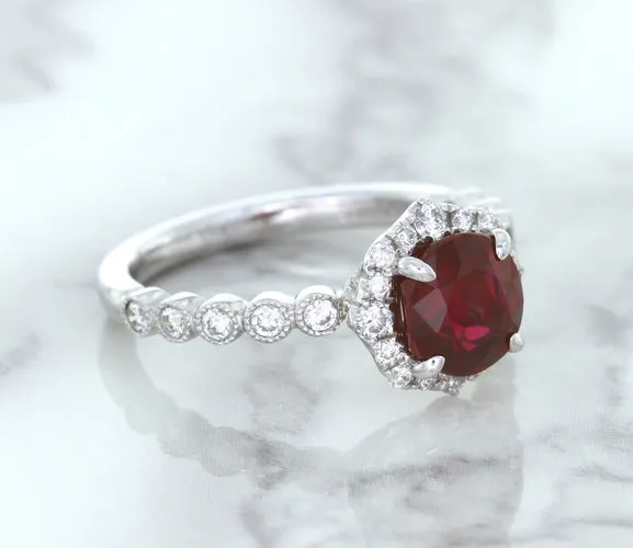 1.75ct Unheated GIA Certified Round Ruby Ring with Diamond Halo in 18K White Gold
