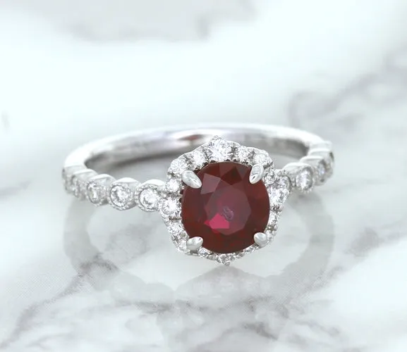 1.75ct Unheated GIA Certified Round Ruby Ring with Diamond Halo in 18K White Gold