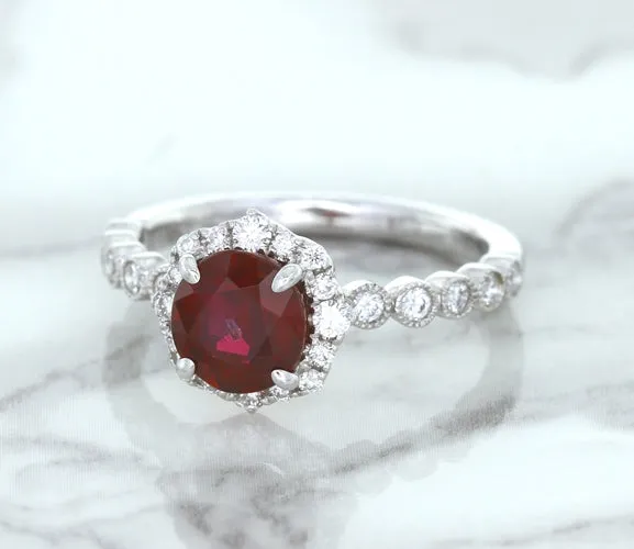 1.75ct Unheated GIA Certified Round Ruby Ring with Diamond Halo in 18K White Gold