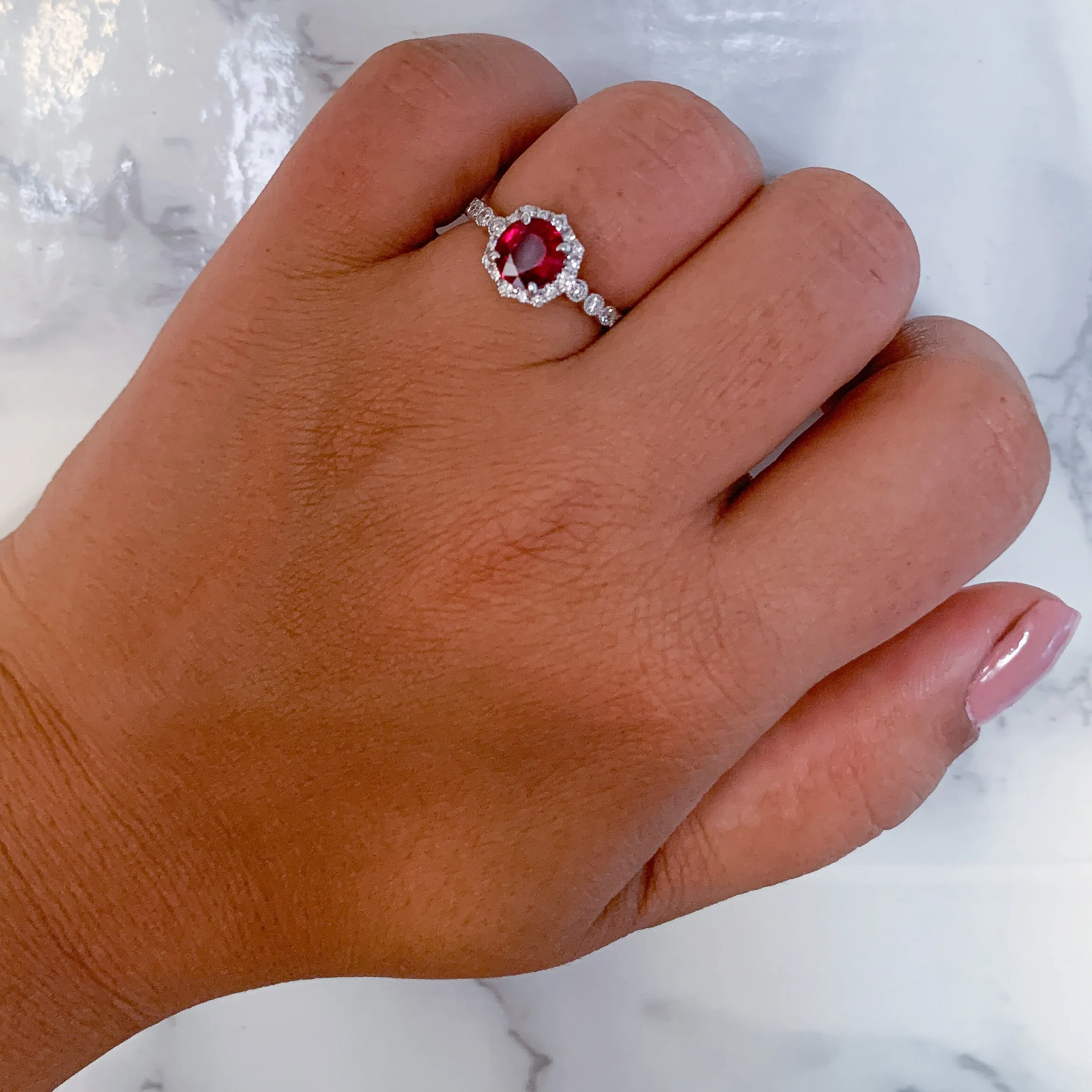 1.75ct Unheated GIA Certified Round Ruby Ring with Diamond Halo in 18K White Gold