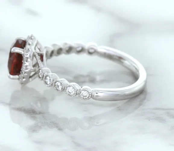1.75ct Unheated GIA Certified Round Ruby Ring with Diamond Halo in 18K White Gold