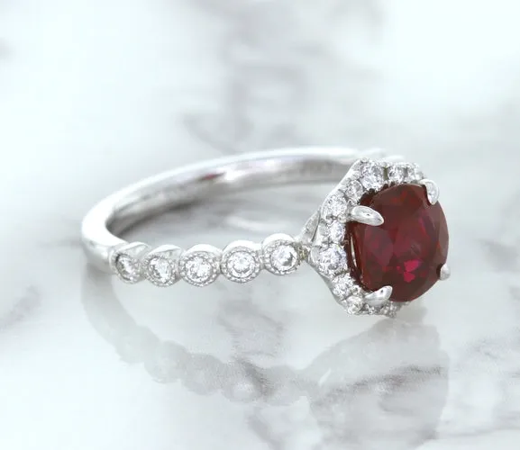 1.75ct Unheated GIA Certified Round Ruby Ring with Diamond Halo in 18K White Gold