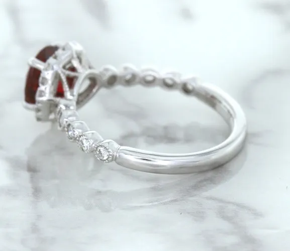 1.75ct Unheated GIA Certified Round Ruby Ring with Diamond Halo in 18K White Gold