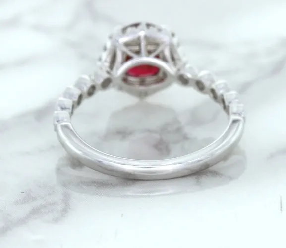 1.75ct Unheated GIA Certified Round Ruby Ring with Diamond Halo in 18K White Gold