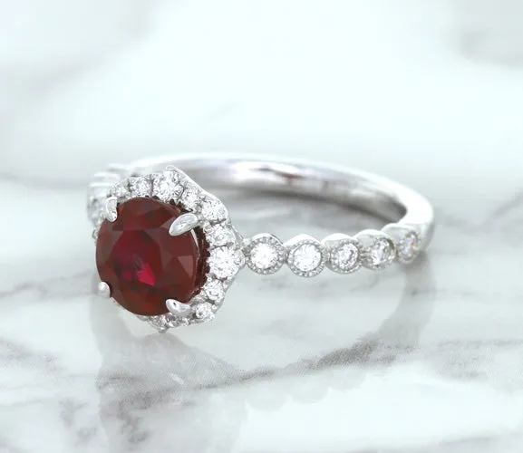 1.75ct Unheated GIA Certified Round Ruby Ring with Diamond Halo in 18K White Gold