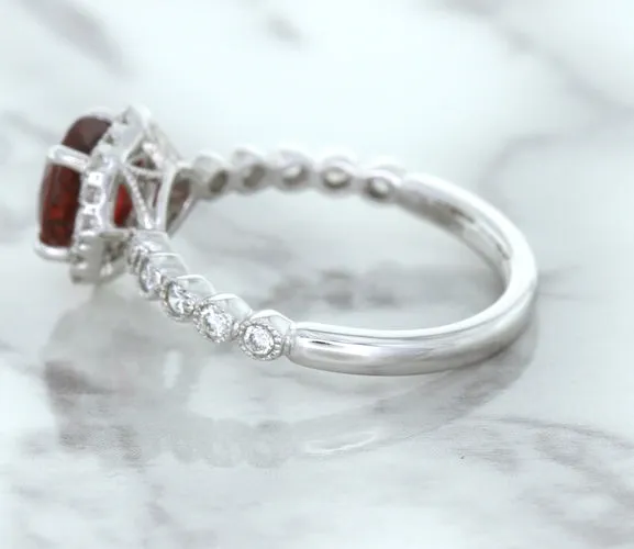 1.75ct Unheated GIA Certified Round Ruby Ring with Diamond Halo in 18K White Gold
