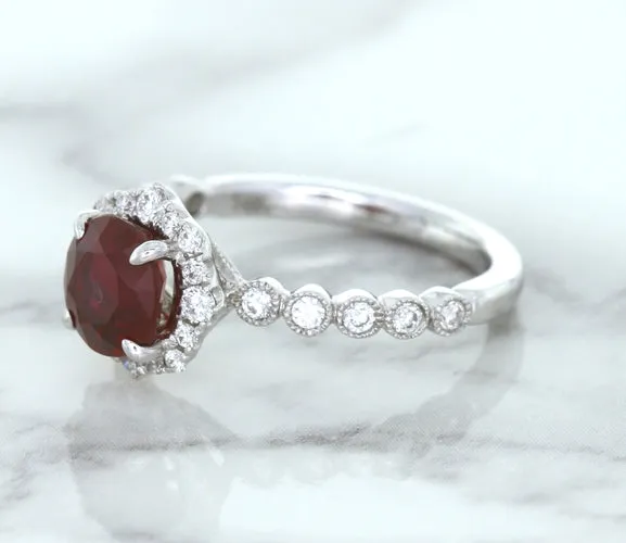 1.75ct Unheated GIA Certified Round Ruby Ring with Diamond Halo in 18K White Gold
