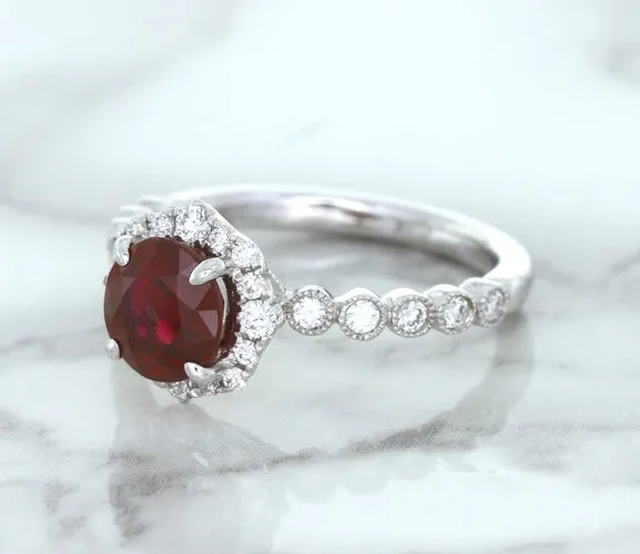 1.75ct Unheated GIA Certified Round Ruby Ring with Diamond Halo in 18K White Gold