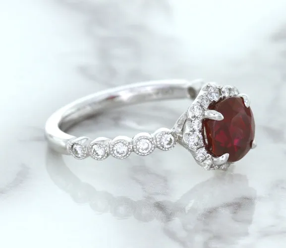 1.75ct Unheated GIA Certified Round Ruby Ring with Diamond Halo in 18K White Gold