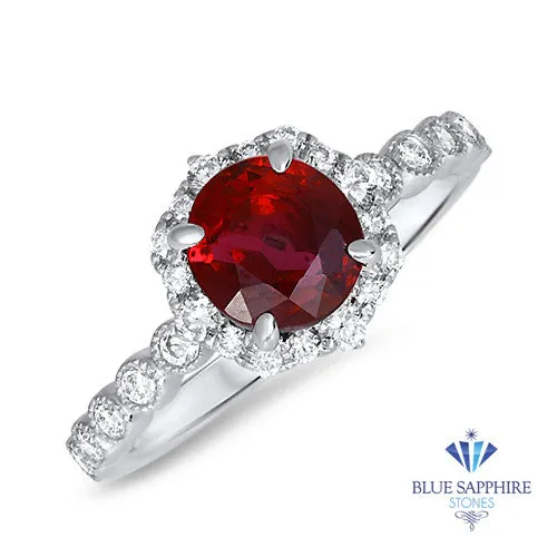 1.75ct Unheated GIA Certified Round Ruby Ring with Diamond Halo in 18K White Gold