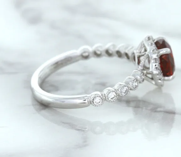 1.75ct Unheated GIA Certified Round Ruby Ring with Diamond Halo in 18K White Gold