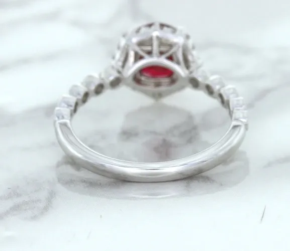 1.75ct Unheated GIA Certified Round Ruby Ring with Diamond Halo in 18K White Gold