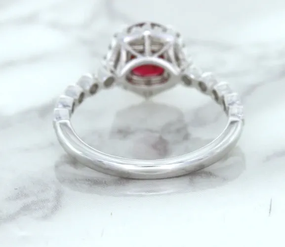 1.75ct Unheated GIA Certified Round Ruby Ring with Diamond Halo in 18K White Gold