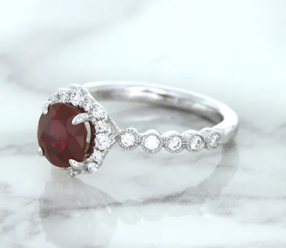 1.75ct Unheated GIA Certified Round Ruby Ring with Diamond Halo in 18K White Gold