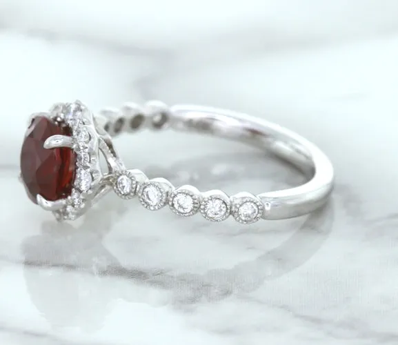 1.75ct Unheated GIA Certified Round Ruby Ring with Diamond Halo in 18K White Gold