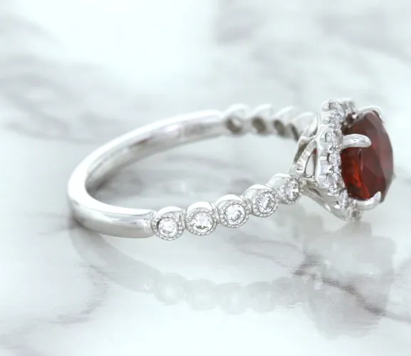 1.75ct Unheated GIA Certified Round Ruby Ring with Diamond Halo in 18K White Gold