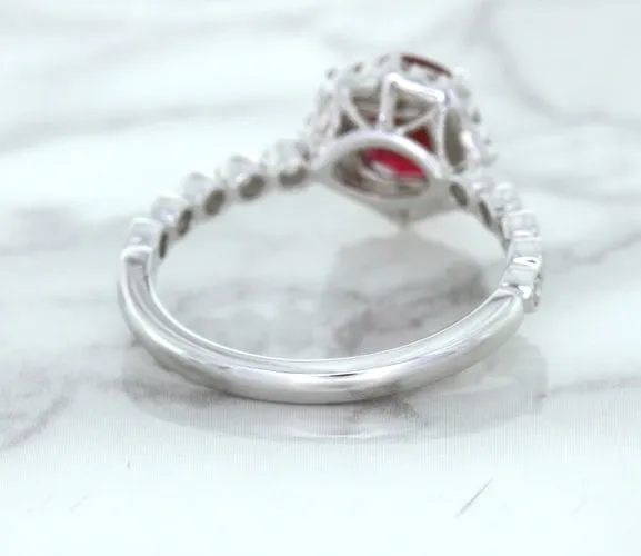 1.75ct Unheated GIA Certified Round Ruby Ring with Diamond Halo in 18K White Gold
