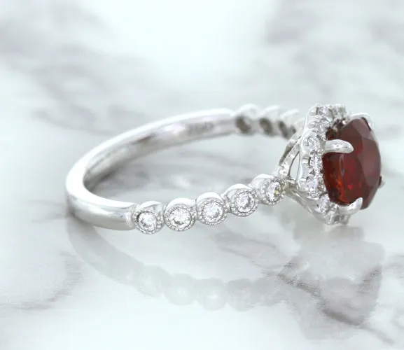 1.75ct Unheated GIA Certified Round Ruby Ring with Diamond Halo in 18K White Gold