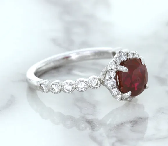 1.75ct Unheated GIA Certified Round Ruby Ring with Diamond Halo in 18K White Gold