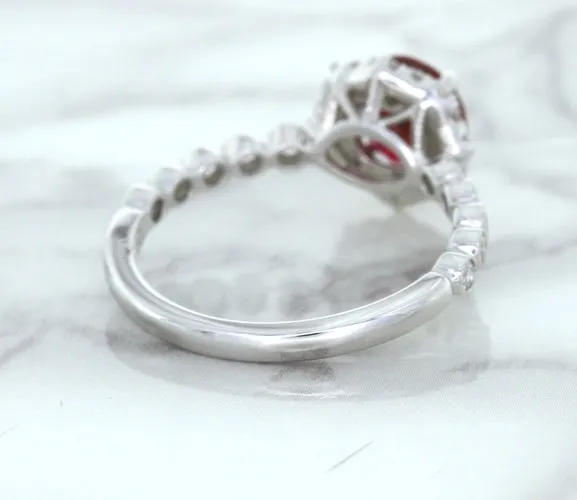1.75ct Unheated GIA Certified Round Ruby Ring with Diamond Halo in 18K White Gold
