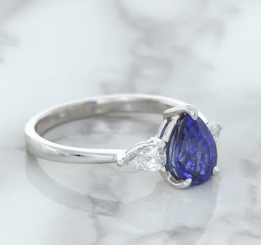 1.80ct. Pear Blue Sapphire Ring with Diamond Accents in 18K White Gold