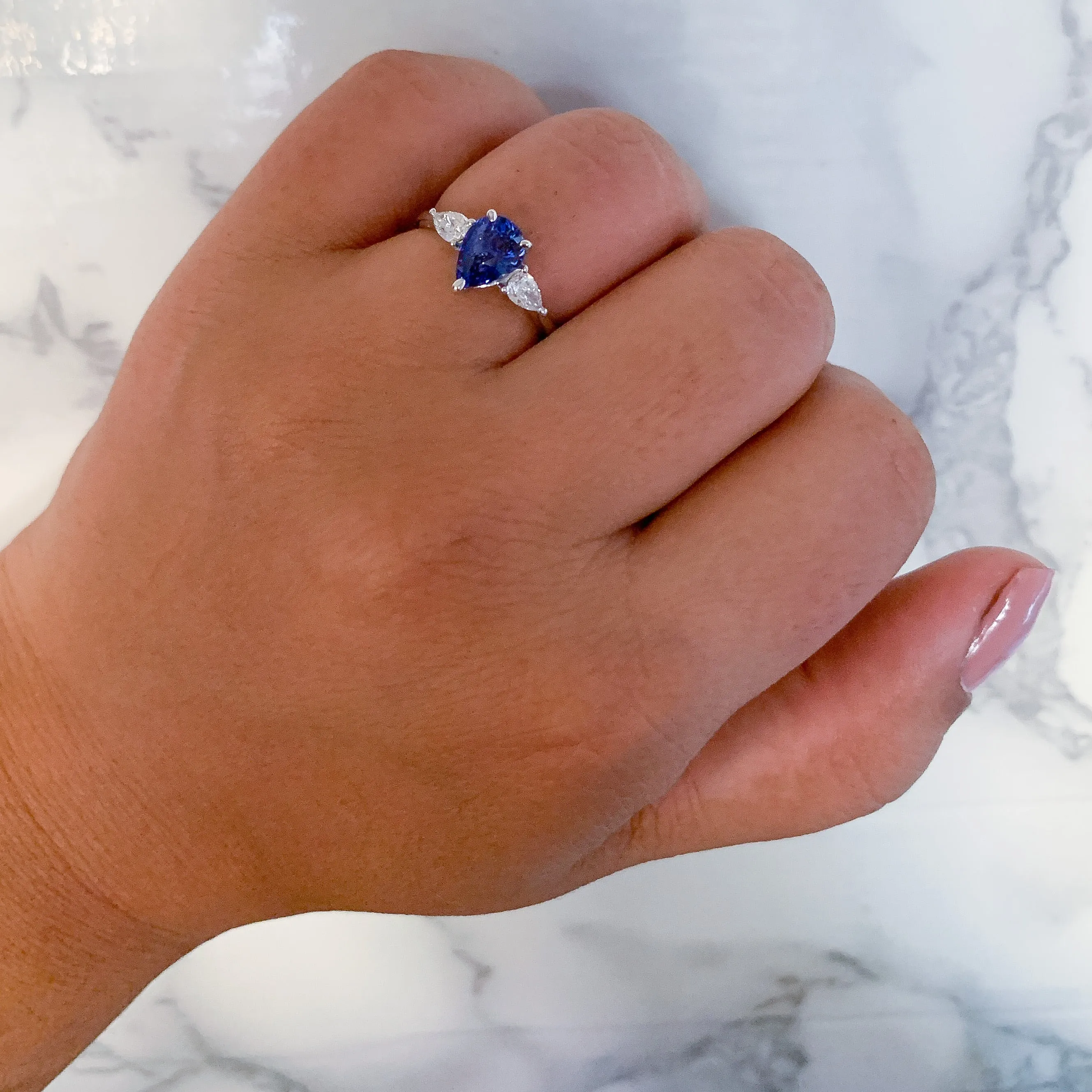 1.80ct. Pear Blue Sapphire Ring with Diamond Accents in 18K White Gold