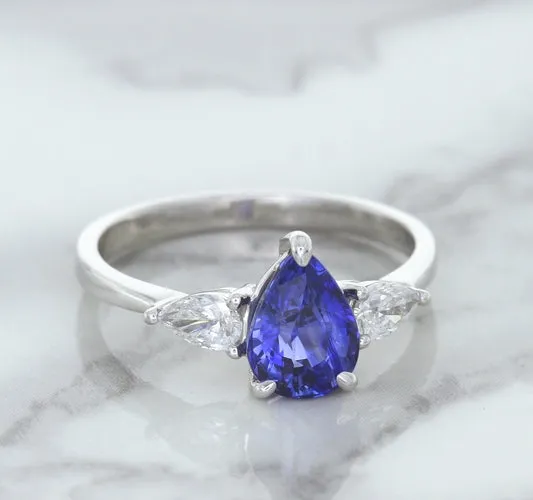 1.80ct. Pear Blue Sapphire Ring with Diamond Accents in 18K White Gold