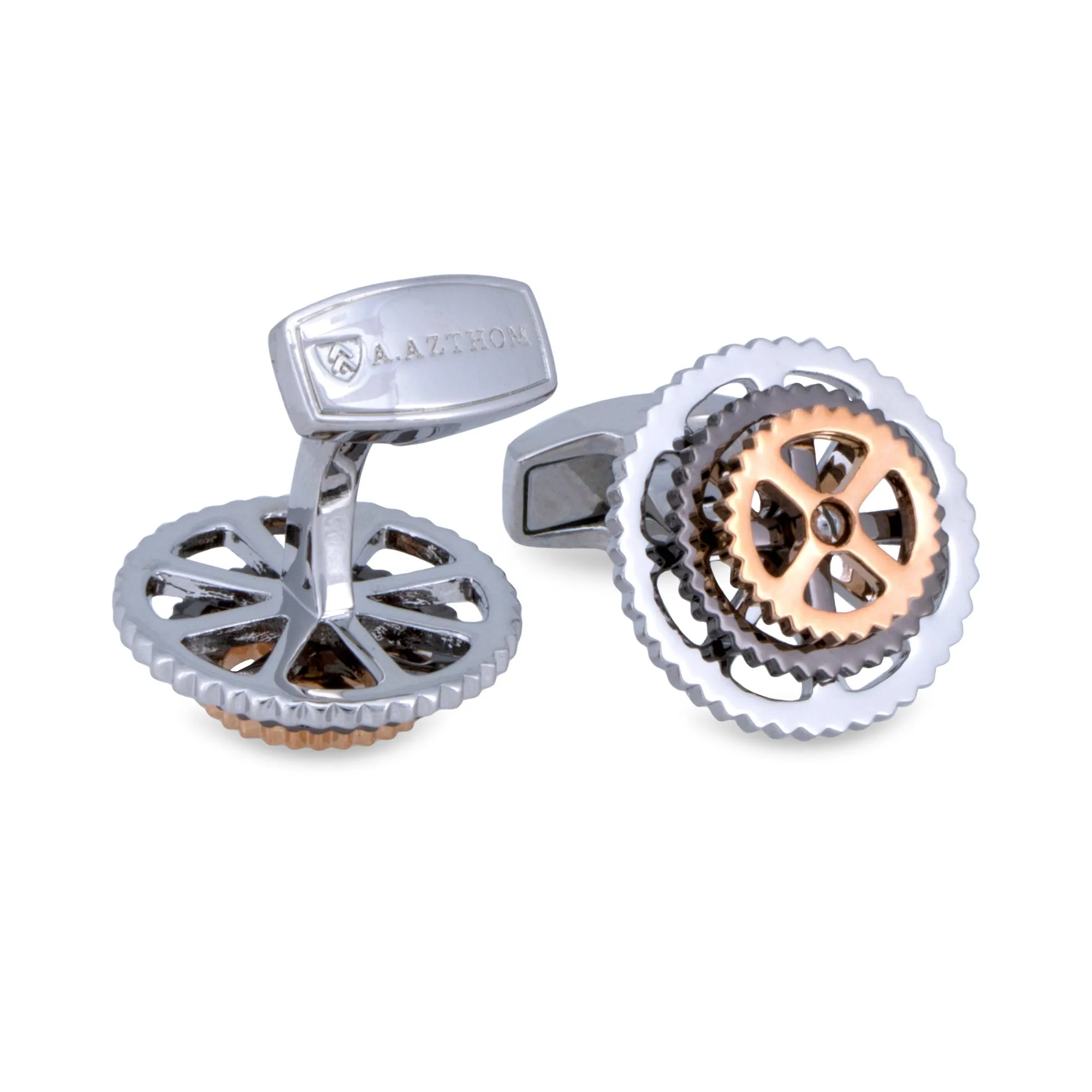 A.Azthom Rotatable Bike Gear Rhodium Trio Colour Plated Cufflinks - Silver Trio