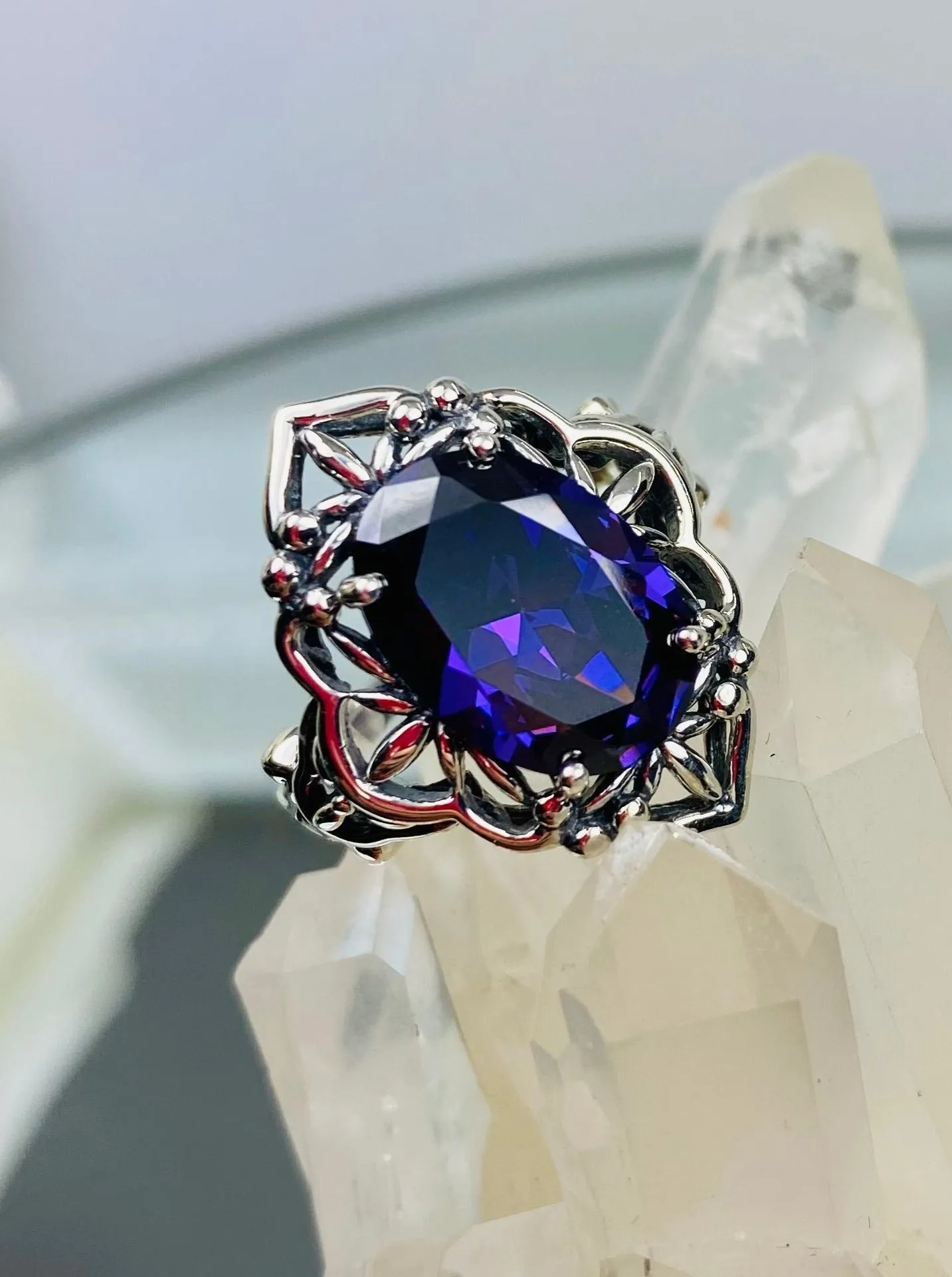 Amethyst CZ Ring, Gothic Filigree Ring - Vintage Style Ring D98