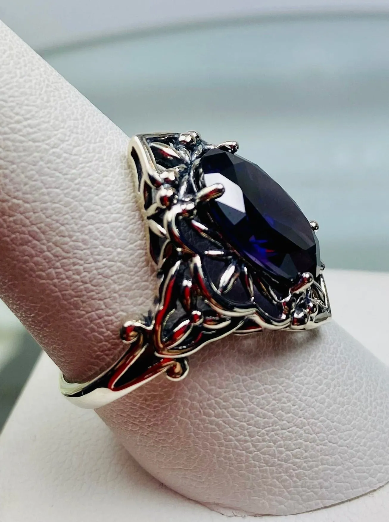 Amethyst CZ Ring, Gothic Filigree Ring - Vintage Style Ring D98