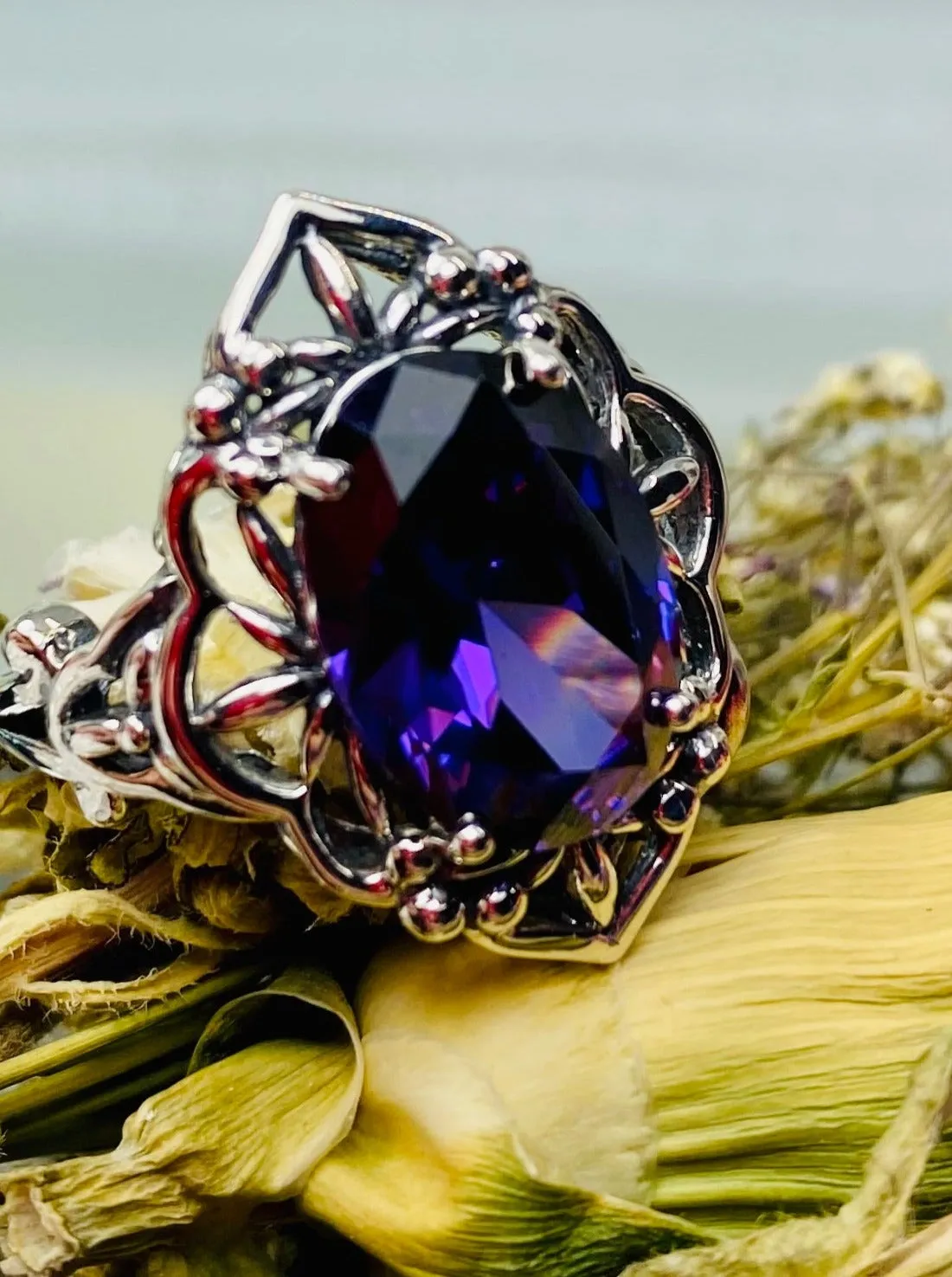 Amethyst CZ Ring, Gothic Filigree Ring - Vintage Style Ring D98