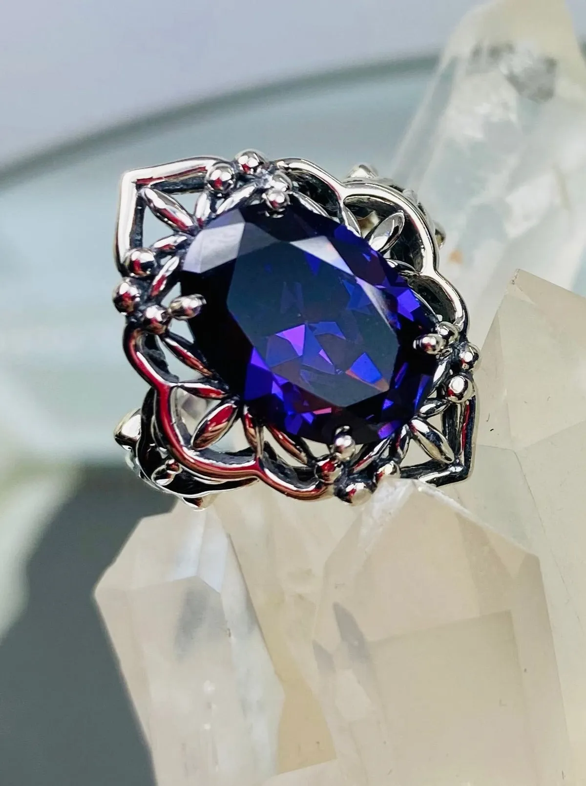 Amethyst CZ Ring, Gothic Filigree Ring - Vintage Style Ring D98