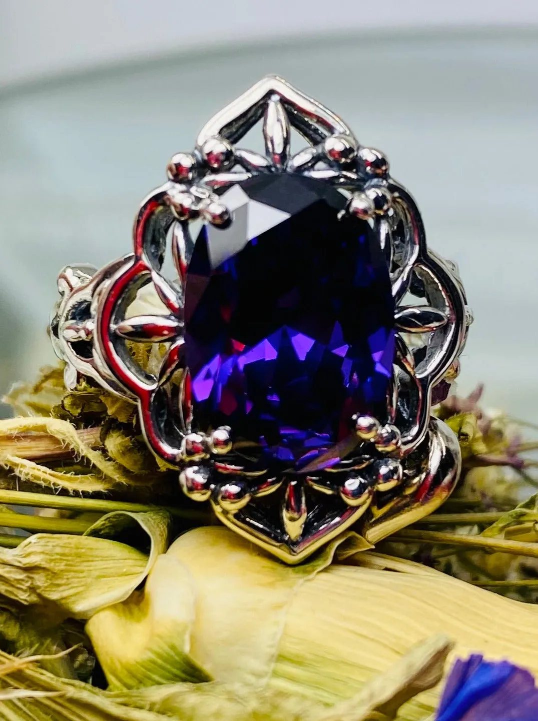 Amethyst CZ Ring, Gothic Filigree Ring - Vintage Style Ring D98