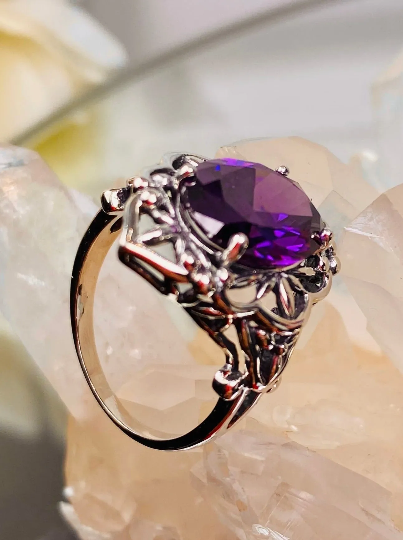 Amethyst CZ Ring, Gothic Filigree Ring - Vintage Style Ring D98