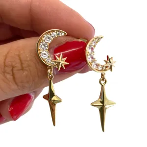 Angela D'Arcy Gold Northern Moon & Plain Star Earrings