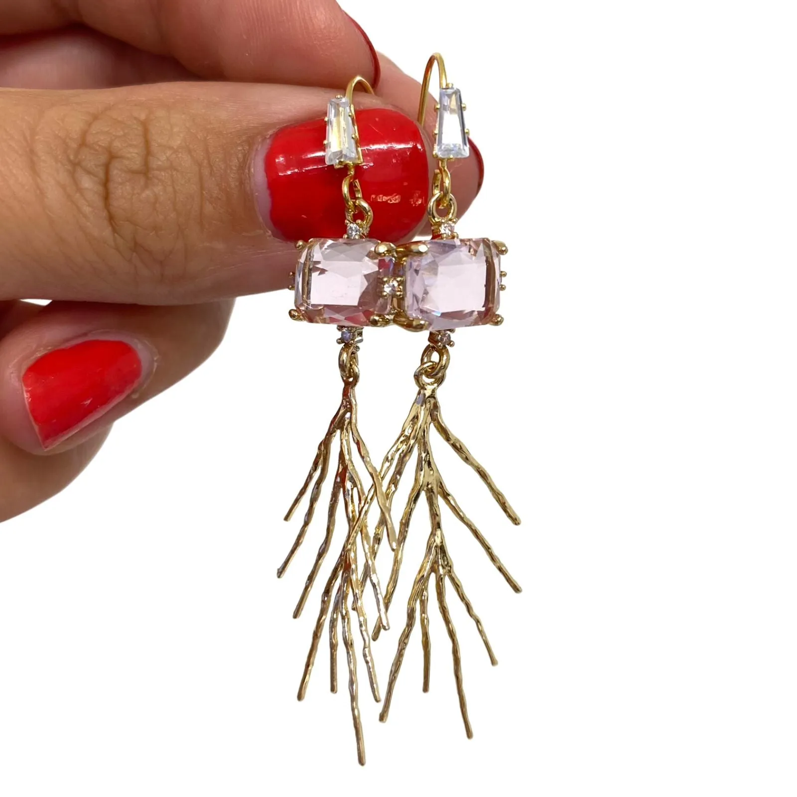 Angela D'Arcy Gold Pink Faceted Leaf Drop Earrings