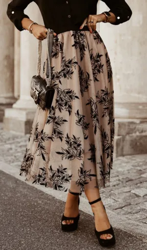 Apricot Floral Leaves Embroidered High Waist Maxi Skirt
