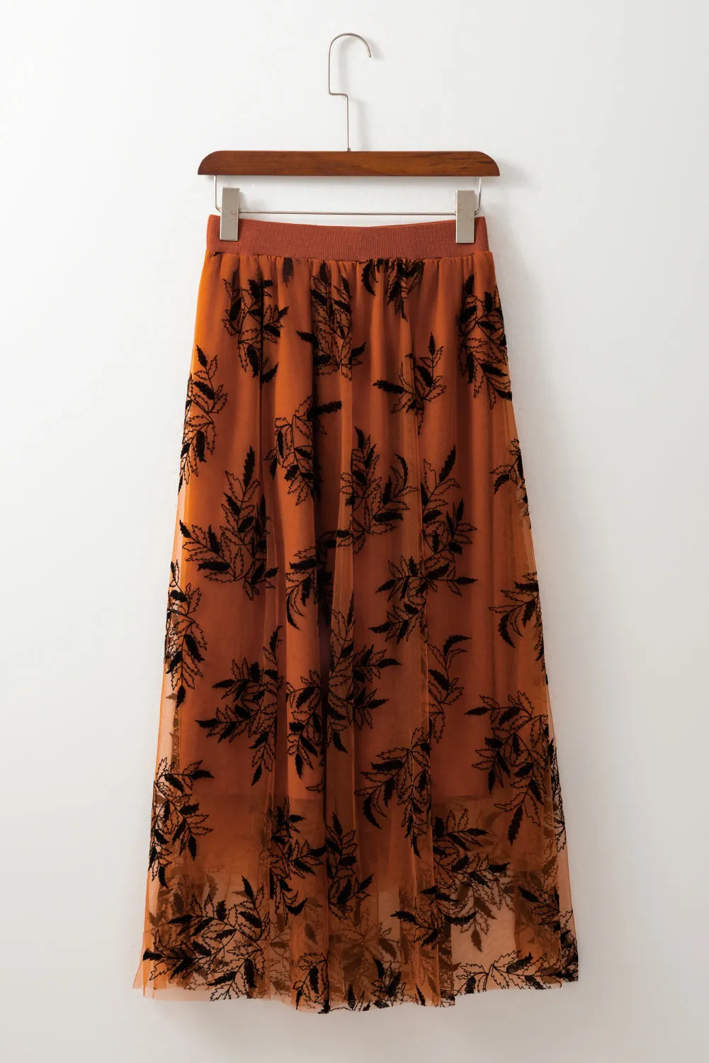 Apricot Floral Leaves Embroidered High Waist Maxi Skirt